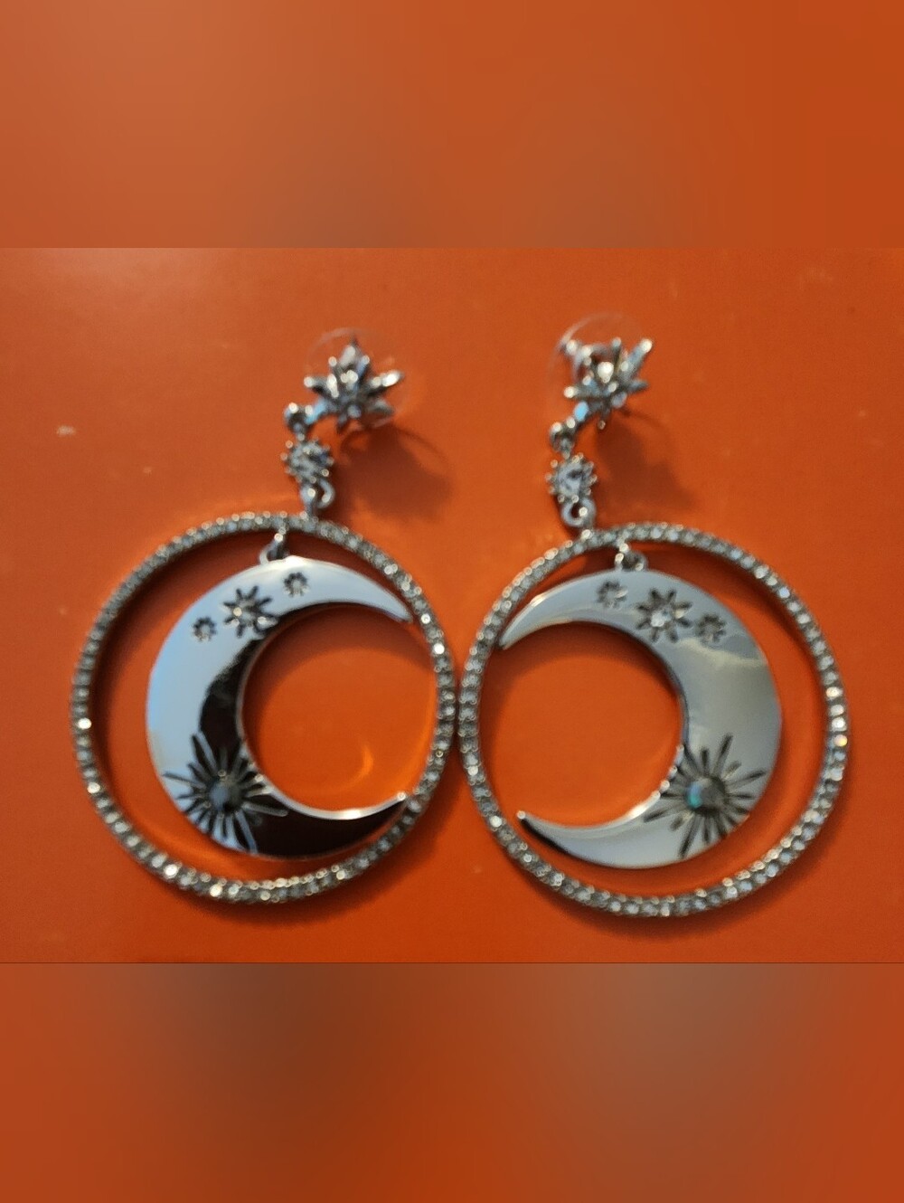 Silver Moon & Star Hoop Drop Earrings - Women Jewelry